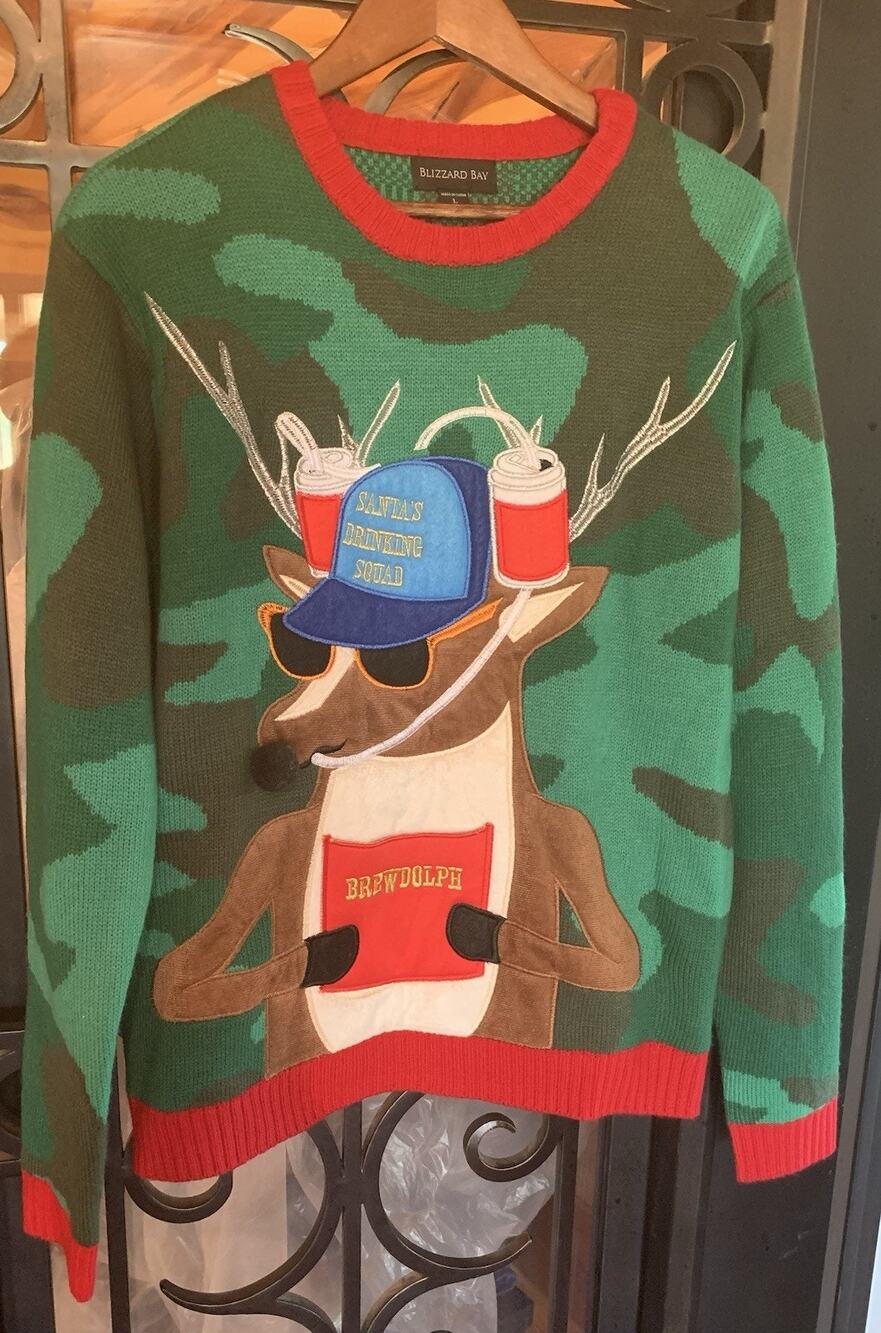 Blizzard Bay Camo Brewdolph Drinking Squad Ugly Christmas Sweater Mens L